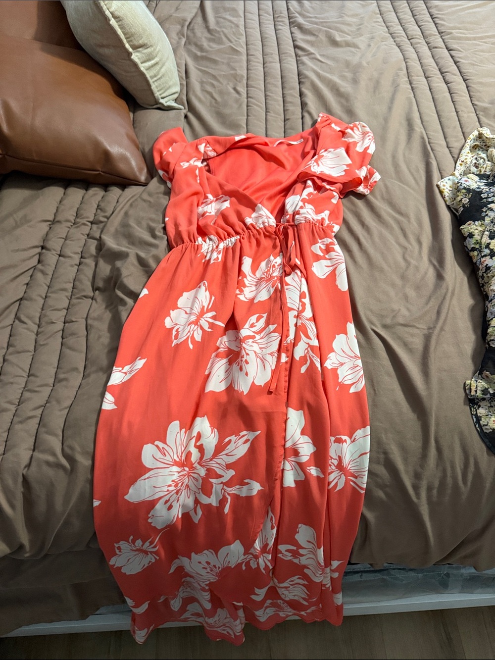 miami Coral Red Floral Wrap Dress with White Blooms